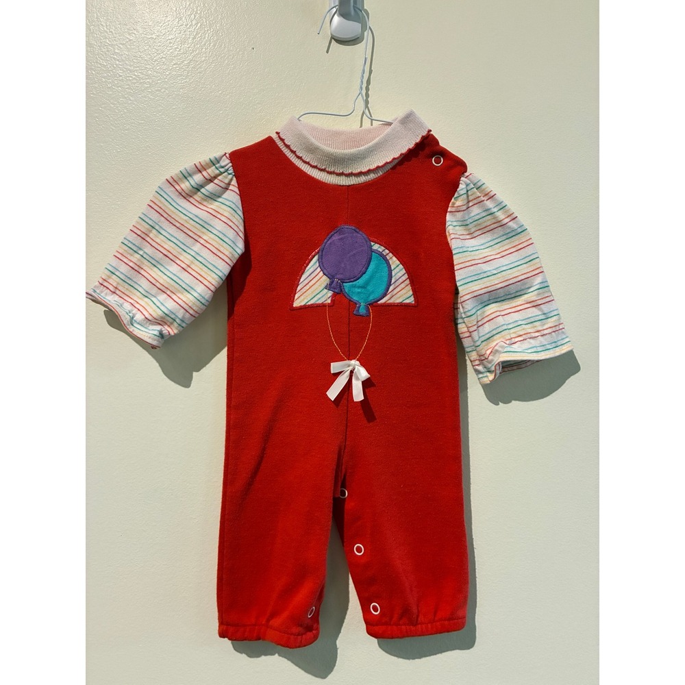 Vintage Health-tex Red Balloon Romper Rainbow Striped Sleeves 6 Months USA Made